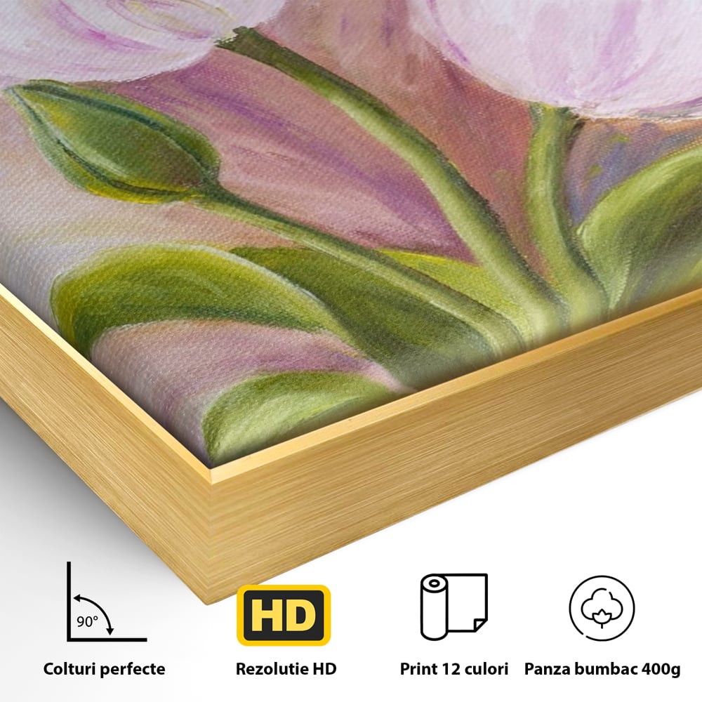 Detaliu al suprafetei: tablou canvas cu lalele roz, in rama de aluminiu auriu